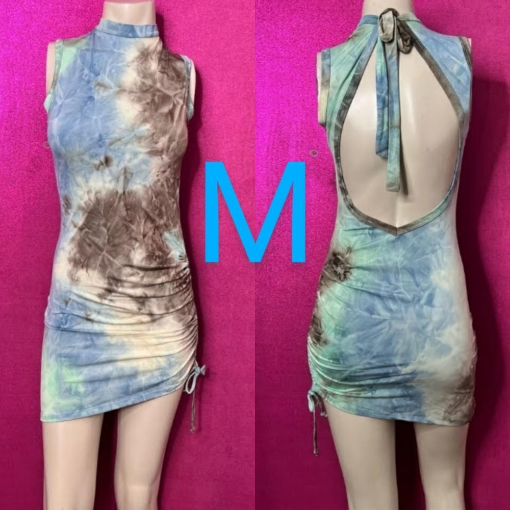 🆕Mint, Blue, & Grey Tie Dye Side Ruched Tie Open Back Mini Bodycon Dress~Size M